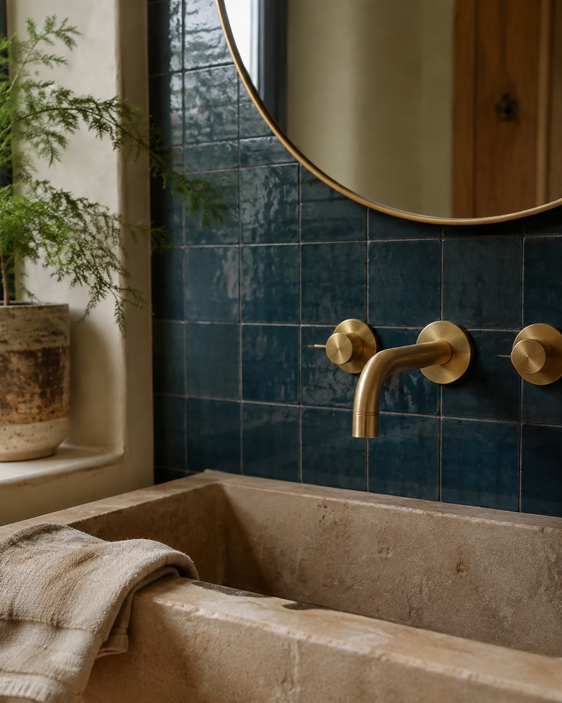 Illustration d’une salle de bain avec robinetterie en laiton et carrelage bleu.